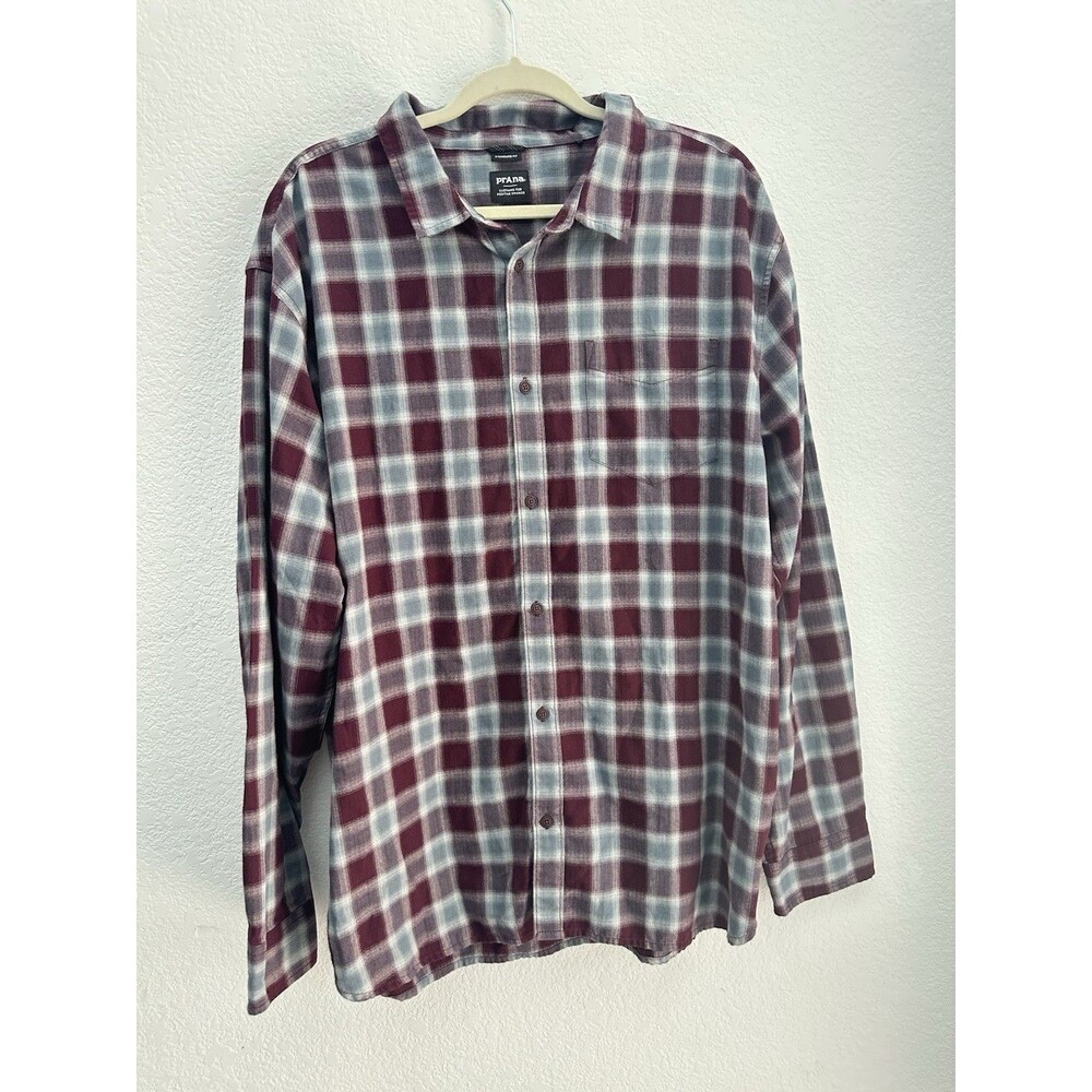 prAna Los Feliz Flannel Shirt Men XXL Standard Fit Organic Cotton Plaid Burgundy